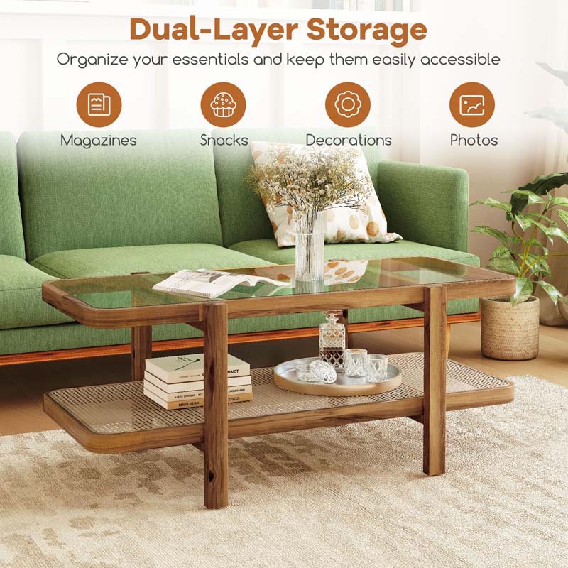 47.5" L Rattan Coffee Table, Boho Cocktail Tables, 2-Tier Center Table with Tempered Glass Tabletop, PE Rattan Shelf, Modern Tea Table for Living Room