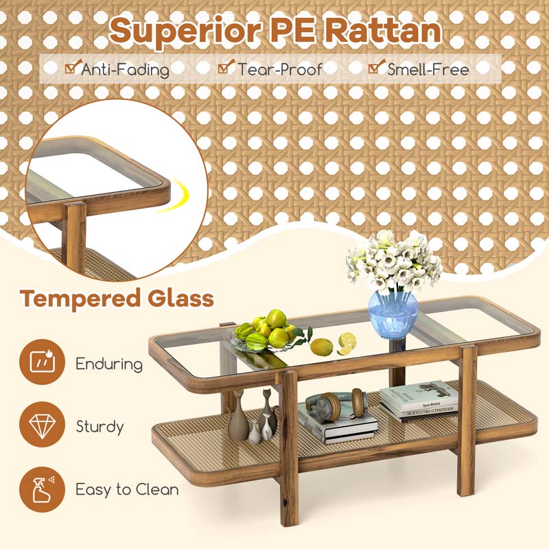 47.5" L Rattan Coffee Table, Boho Cocktail Tables, 2-Tier Center Table with Tempered Glass Tabletop, PE Rattan Shelf, Modern Tea Table for Living Room