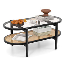 40" L 2-Tier Oval Coffee Table Boho Cocktail Table with Tempered Glass Tabletop & PE Rattan Storage Shelf, Tea Center Table for Living Room