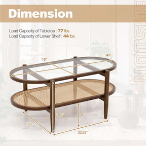 40" L 2-Tier Oval Coffee Table Boho Cocktail Table with Tempered Glass Tabletop & PE Rattan Storage Shelf, Tea Center Table for Living Room