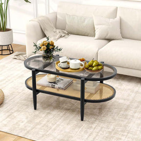 40" L 2-Tier Oval Coffee Table Boho Cocktail Table with Tempered Glass Tabletop & PE Rattan Storage Shelf, Tea Center Table for Living Room