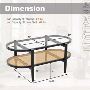 40" L 2-Tier Oval Coffee Table Boho Cocktail Table with Tempered Glass Tabletop & PE Rattan Storage Shelf, Tea Center Table for Living Room