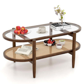 40" L 2-Tier Oval Coffee Table Boho Cocktail Table with Tempered Glass Tabletop & PE Rattan Storage Shelf, Tea Center Table for Living Room