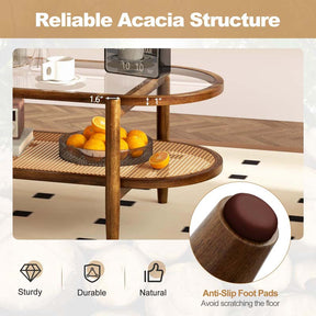 40" L 2-Tier Oval Coffee Table Boho Cocktail Table with Tempered Glass Tabletop & PE Rattan Storage Shelf, Tea Center Table for Living Room