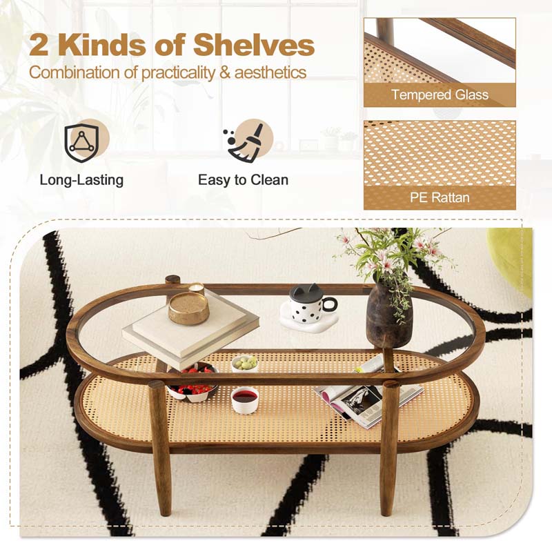 40" L 2-Tier Oval Coffee Table Boho Cocktail Table with Tempered Glass Tabletop & PE Rattan Storage Shelf, Tea Center Table for Living Room