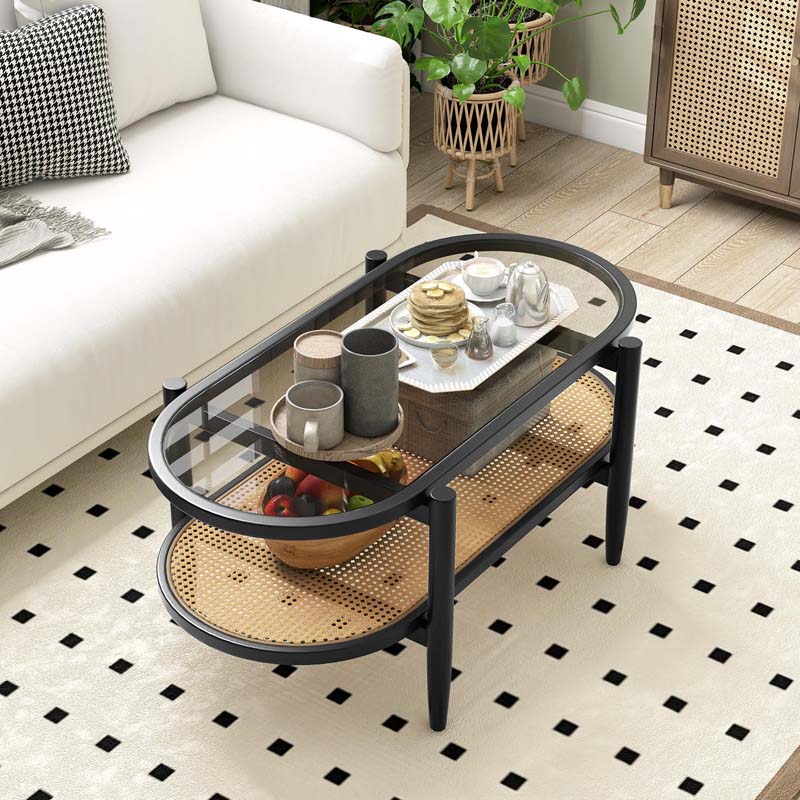 40" L 2-Tier Oval Coffee Table Boho Cocktail Table with Tempered Glass Tabletop & PE Rattan Storage Shelf, Tea Center Table for Living Room