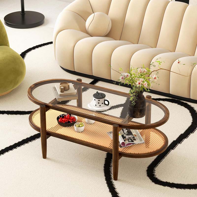 40" L 2-Tier Oval Coffee Table Boho Cocktail Table with Tempered Glass Tabletop & PE Rattan Storage Shelf, Tea Center Table for Living Room