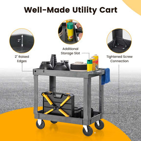 2-Tier Industrial Service Utility Cart Heavy-Duty PP Rolling Work Cart with 550 LBS Max Load and Storage Handle