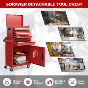 2-in-1 Rolling Tool Chest, 5-Drawer Tool Storage Cabinet with Wheels, Adjustable Shelf, Tool Box Organizer for Garage Warehouse Workshop