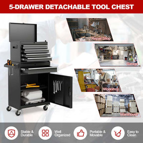 2-in-1 Rolling Tool Chest, 5-Drawer Tool Storage Cabinet with Wheels, Adjustable Shelf, Tool Box Organizer for Garage Warehouse Workshop