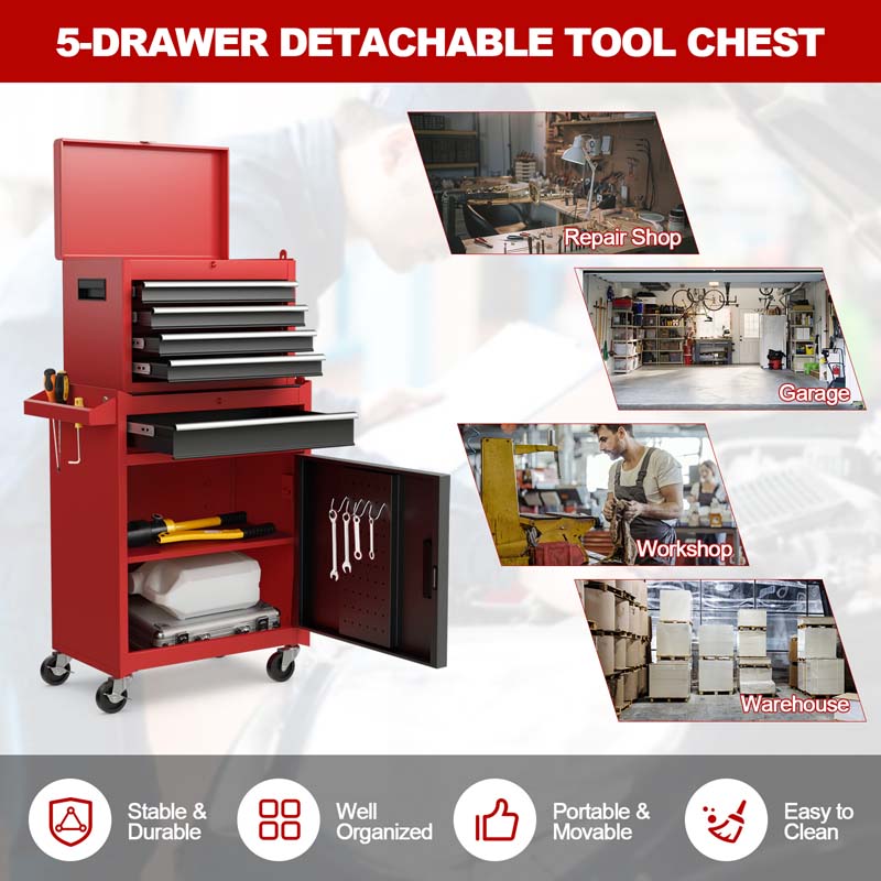 2-in-1 Rolling Tool Chest, 5-Drawer Tool Storage Cabinet with Wheels, Adjustable Shelf, Tool Box Organizer for Garage Warehouse Workshop