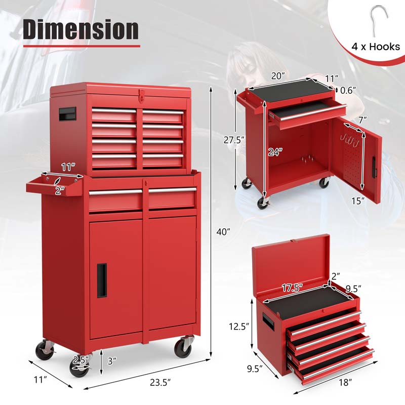 2-in-1 Rolling Tool Chest, 5-Drawer Tool Storage Cabinet with Wheels, Adjustable Shelf, Tool Box Organizer for Garage Warehouse Workshop