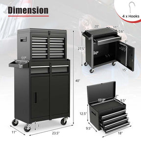 2-in-1 Rolling Tool Chest, 5-Drawer Tool Storage Cabinet with Wheels, Adjustable Shelf, Tool Box Organizer for Garage Warehouse Workshop