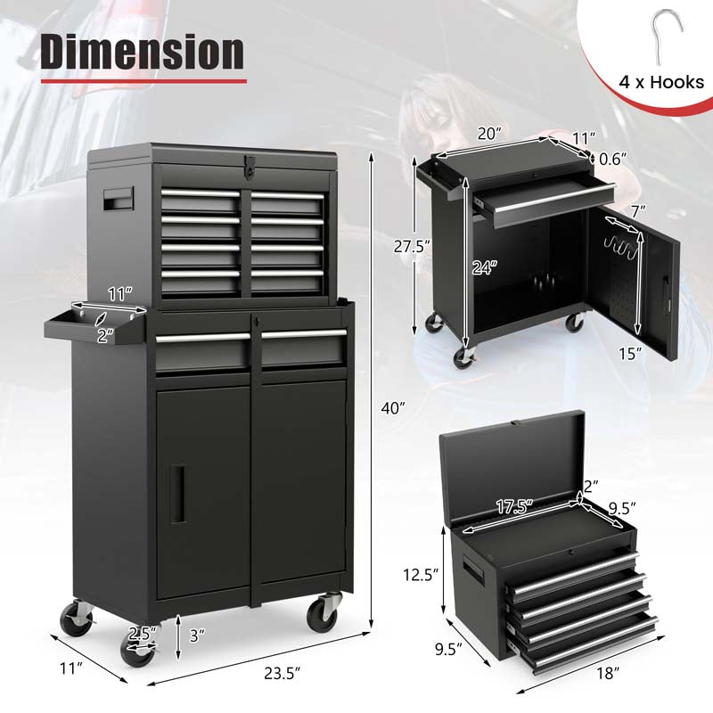 2-in-1 Rolling Tool Chest, 5-Drawer Tool Storage Cabinet with Wheels, Adjustable Shelf, Tool Box Organizer for Garage Warehouse Workshop