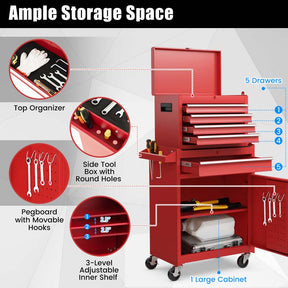 2-in-1 Rolling Tool Chest, 5-Drawer Tool Storage Cabinet with Wheels, Adjustable Shelf, Tool Box Organizer for Garage Warehouse Workshop