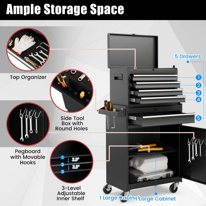 2-in-1 Rolling Tool Chest, 5-Drawer Tool Storage Cabinet with Wheels, Adjustable Shelf, Tool Box Organizer for Garage Warehouse Workshop