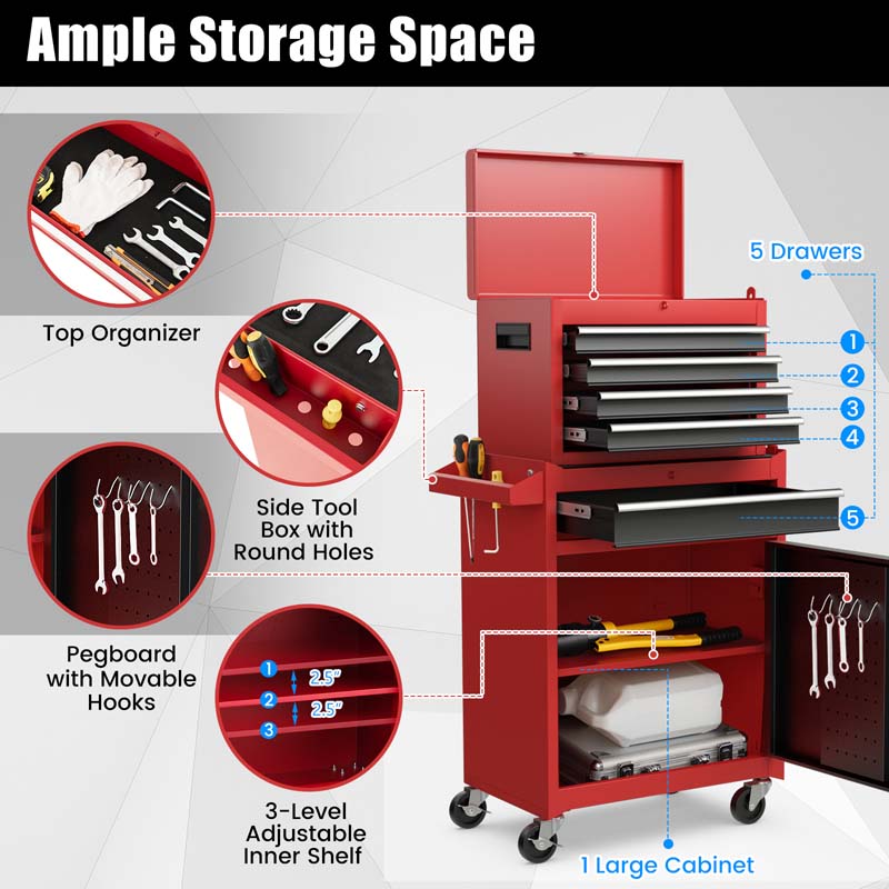 2-in-1 Rolling Tool Chest, 5-Drawer Tool Storage Cabinet with Wheels, Adjustable Shelf, Tool Box Organizer for Garage Warehouse Workshop