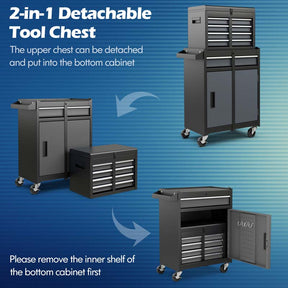 2-in-1 Rolling Tool Chest, 5-Drawer Tool Storage Cabinet with Wheels, Adjustable Shelf, Tool Box Organizer for Garage Warehouse Workshop