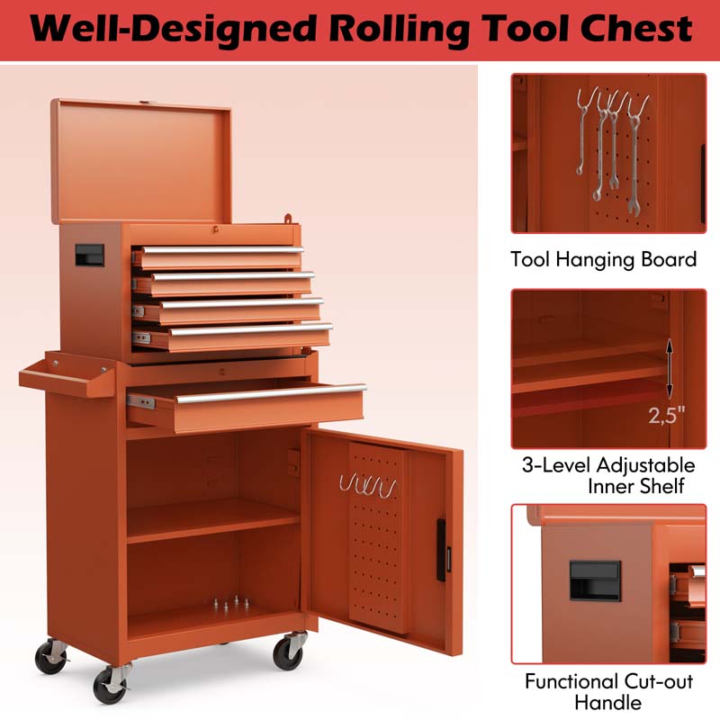 2-in-1 Rolling Tool Chest, 5-Drawer Tool Storage Cabinet with Wheels, Adjustable Shelf, Tool Box Organizer for Garage Warehouse Workshop