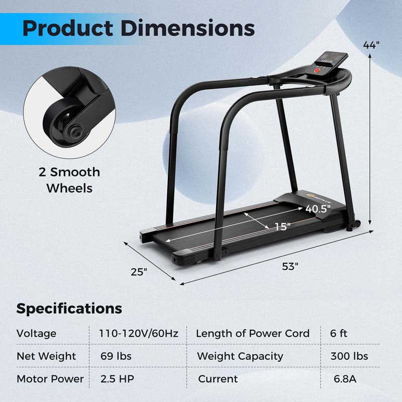 2.5 HP Walking Treadmill for Senior with Long Handrail, 300 lbs Capacity, Recovery Fitness Exercise Machine for Home with Pulse Sensors