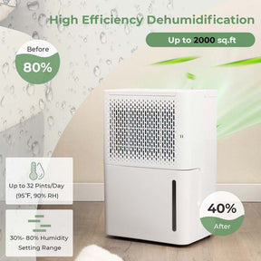 2000 Sq. Ft 32 Pint Portable Dehumidifier for Basement w/Continuous/Drying/Auto Mode, 24H Timer, Drain Hose, Water Tank