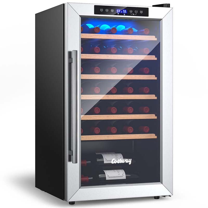 20 Inch 33 Bottles Wine Cooler Refrigerator Built-In or Freestanding Mini Wine Fridge w/2-Layer Tempered Glass Door & Dual Alarm Function