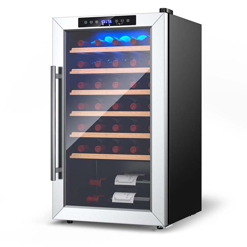 20 Inch 33 Bottles Wine Cooler Refrigerator Built-In or Freestanding Mini Wine Fridge w/2-Layer Tempered Glass Door & Dual Alarm Function