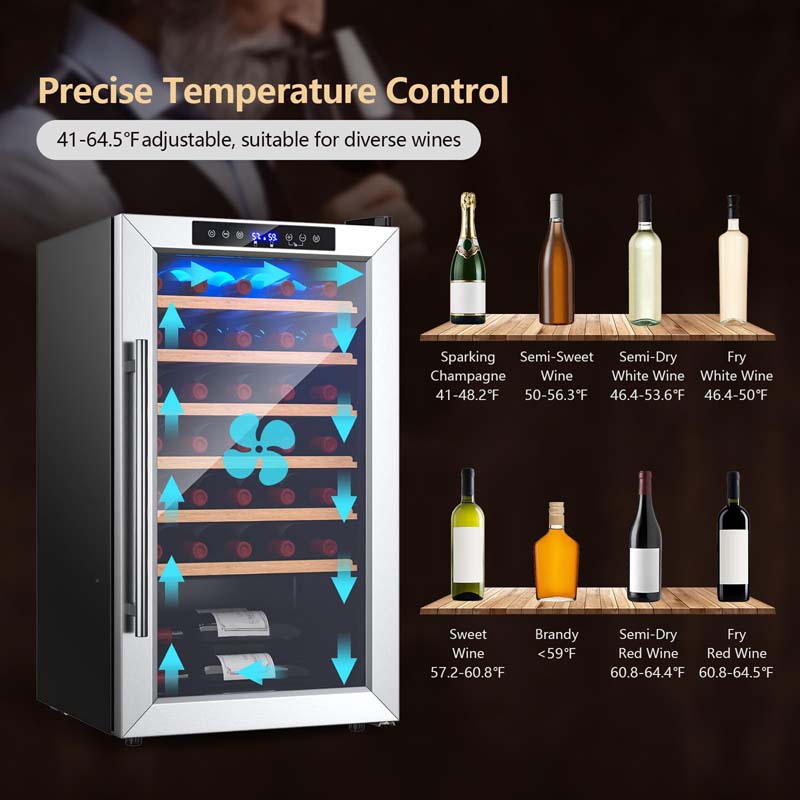 20 Inch 33 Bottles Wine Cooler Refrigerator Built-In or Freestanding Mini Wine Fridge w/2-Layer Tempered Glass Door & Dual Alarm Function