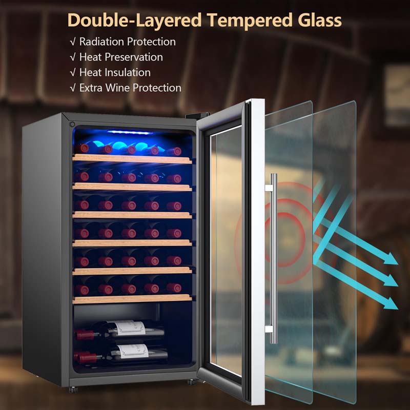 20 Inch 33 Bottles Wine Cooler Refrigerator Built-In or Freestanding Mini Wine Fridge w/2-Layer Tempered Glass Door & Dual Alarm Function