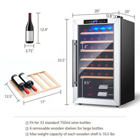 20 Inch 33 Bottles Wine Cooler Refrigerator Built-In or Freestanding Mini Wine Fridge w/2-Layer Tempered Glass Door & Dual Alarm Function