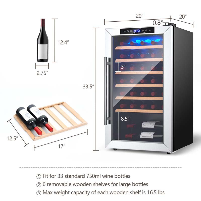 20 Inch 33 Bottles Wine Cooler Refrigerator Built-In or Freestanding Mini Wine Fridge w/2-Layer Tempered Glass Door & Dual Alarm Function