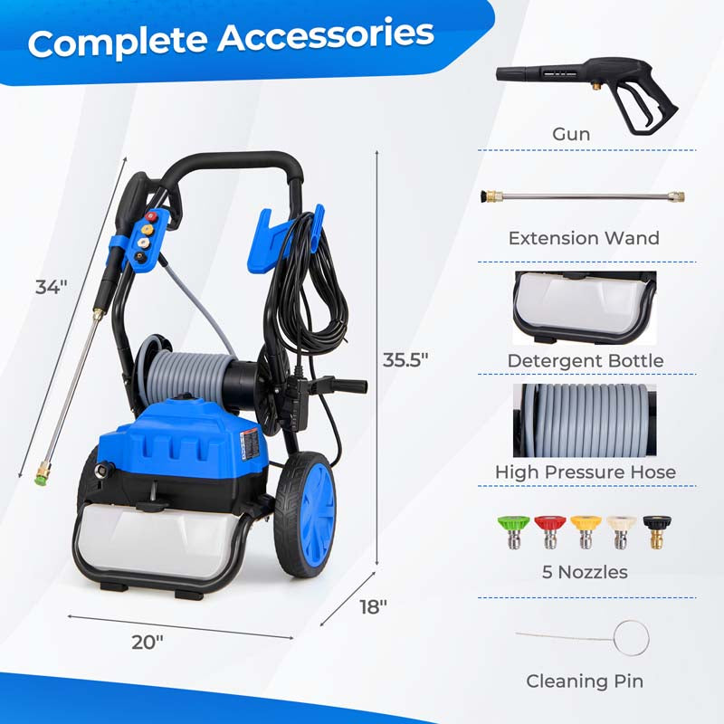 2300 PSI 1.8 GPM Electric Pressure Washer, Portable High Pressure Power Washer w/Wheels, 5 Quick Connect Nozzles, Soap Bottle, 21 FT Hose