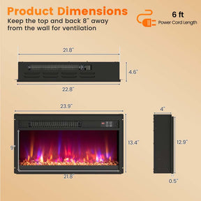 18/23/26 Inch Electric Fireplace Insert, 1500W Recessed Fireplace Heater with Remote Control, 0.5-9H Timer, Adjustable Flame & Ember Bed Color