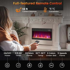 18/23/26 Inch Electric Fireplace Insert, 1500W Recessed Fireplace Heater with Remote Control, 0.5-9H Timer, Adjustable Flame & Ember Bed Color