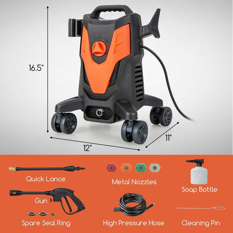 2400 PSI 1.7 GPM Portable Electric High-Pressure Power Washer w/4 Quick Nozzles & Universal Wheels, IPX5 Floor Car Wash Cleaning Machine