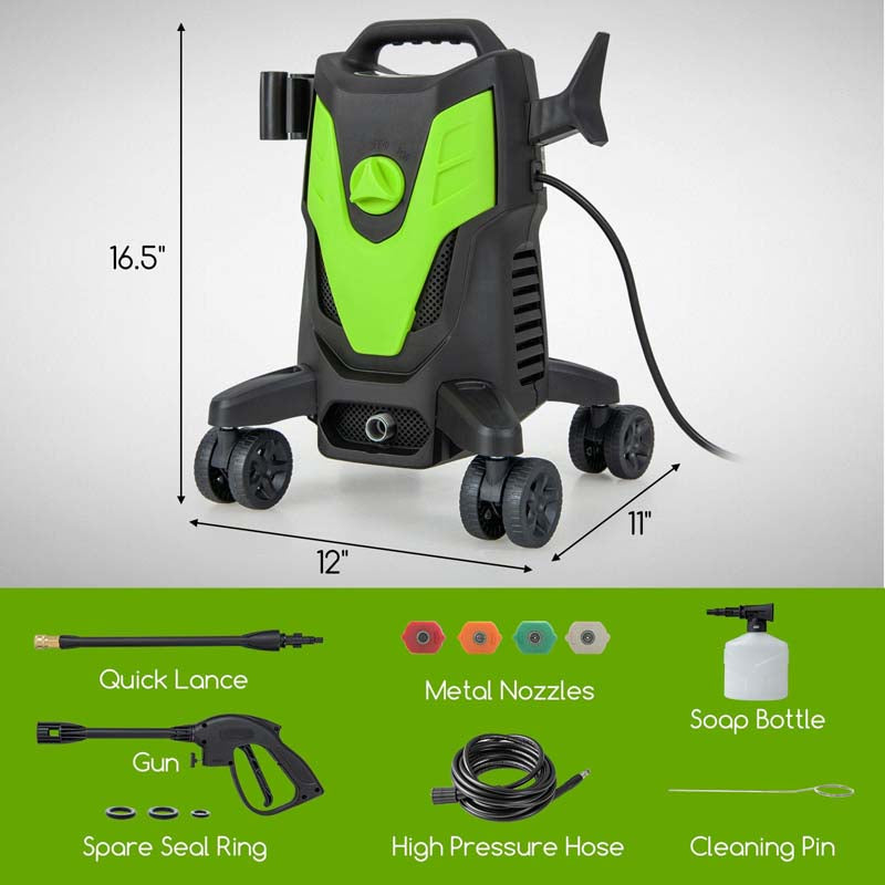2400 PSI 1.7 GPM Portable Electric High-Pressure Power Washer w/4 Quick Nozzles & Universal Wheels, IPX5 Floor Car Wash Cleaning Machine