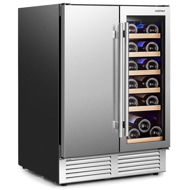 24" Dual Zone Under Counter Wine Beverage Refrigerator Cooler w/Lock, Built-in & Freestanding Wine Fridge Holds 19 Bottles & 57 Cans