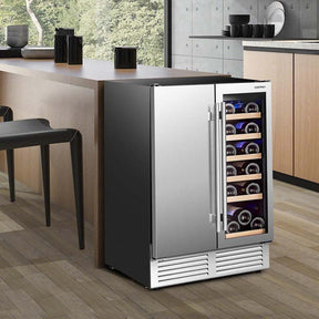 24" Dual Zone Under Counter Wine Beverage Refrigerator Cooler w/Lock, Built-in & Freestanding Wine Fridge Holds 19 Bottles & 57 Cans