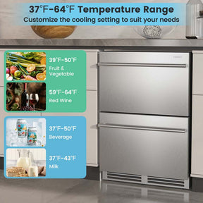 4.9 Cu.Ft Dual Drawer Fridge with 37℉-64℉ Temperature Range, 24 Inch Under Counter & Freestanding Refrigerator Cooler for Beverages Wine Vegetables Fruits