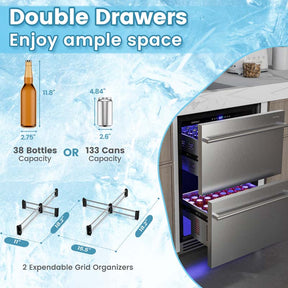 4.9 Cu.Ft Dual Drawer Fridge with 37℉-64℉ Temperature Range, 24 Inch Under Counter & Freestanding Refrigerator Cooler for Beverages Wine Vegetables Fruits