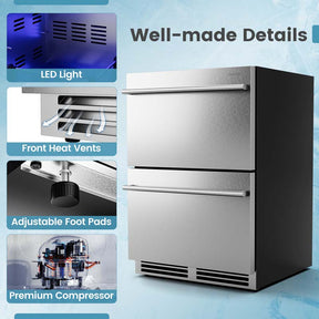 4.9 Cu.Ft Dual Drawer Fridge with 37℉-64℉ Temperature Range, 24 Inch Under Counter & Freestanding Refrigerator Cooler for Beverages Wine Vegetables Fruits