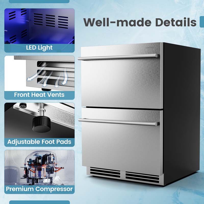 4.9 Cu.Ft Dual Drawer Fridge with 37℉-64℉ Temperature Range, 24 Inch Under Counter & Freestanding Refrigerator Cooler for Beverages Wine Vegetables Fruits