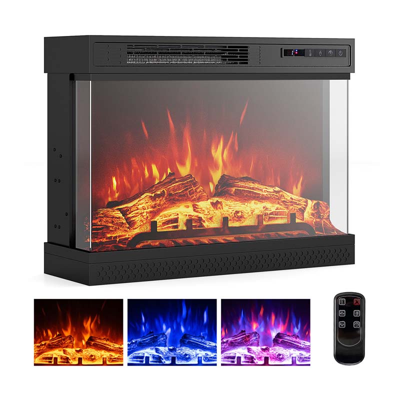 24" 3-Sided Glass Electric Fireplace Heater 750W/1500W with Remote Control, Adjustable Flame Color & Brightness, 1H-6H Timer, Thermostat