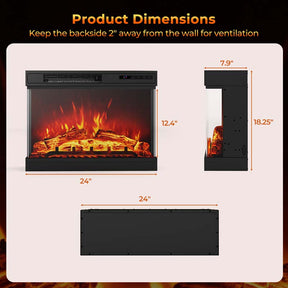 24" 3-Sided Glass Electric Fireplace Heater 750W/1500W with Remote Control, Adjustable Flame Color & Brightness, 1H-6H Timer, Thermostat