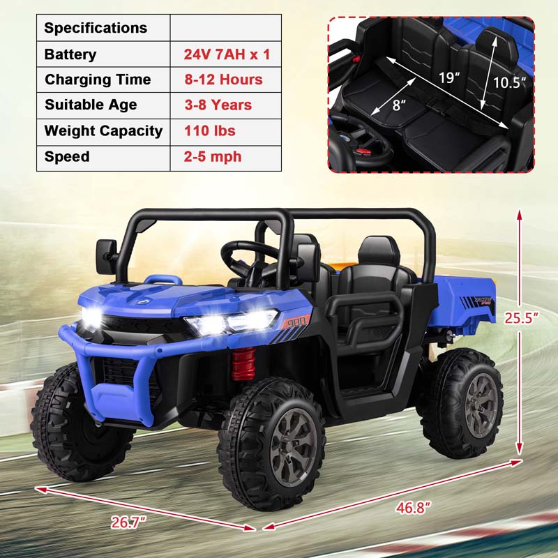 24V 2-Seater Kids Ride on UTV Dump Truck, Battery Powered Off-Road Electric Toy Car with Remote Control, Moving Dump Bed