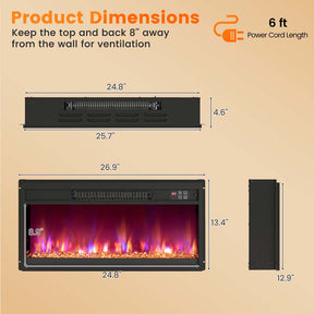 18/23/26 Inch Electric Fireplace Insert, 1500W Recessed Fireplace Heater with Remote Control, 0.5-9H Timer, Adjustable Flame & Ember Bed Color