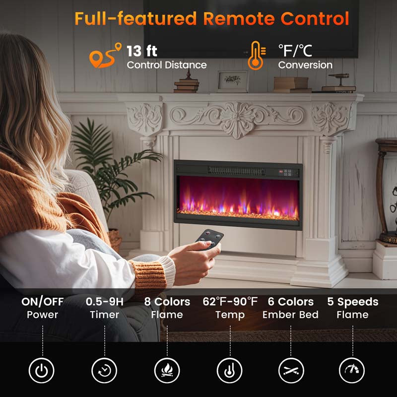 18/23/26 Inch Electric Fireplace Insert, 1500W Recessed Fireplace Heater with Remote Control, 0.5-9H Timer, Adjustable Flame & Ember Bed Color