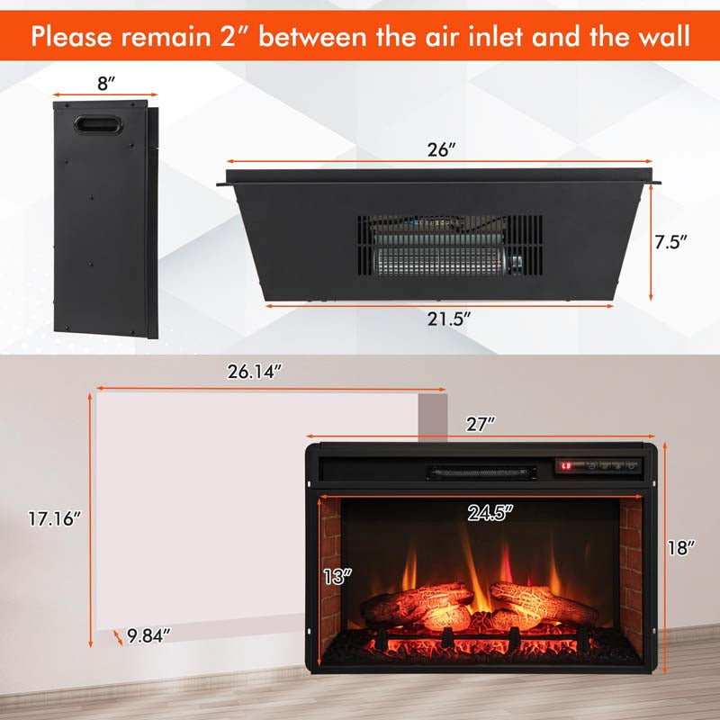 26" 4777 BTU Electric Fireplace Insert for TV Stand, 1400W Recessed Freetanding Fireplace Heater with 3-Level Flame, Remote