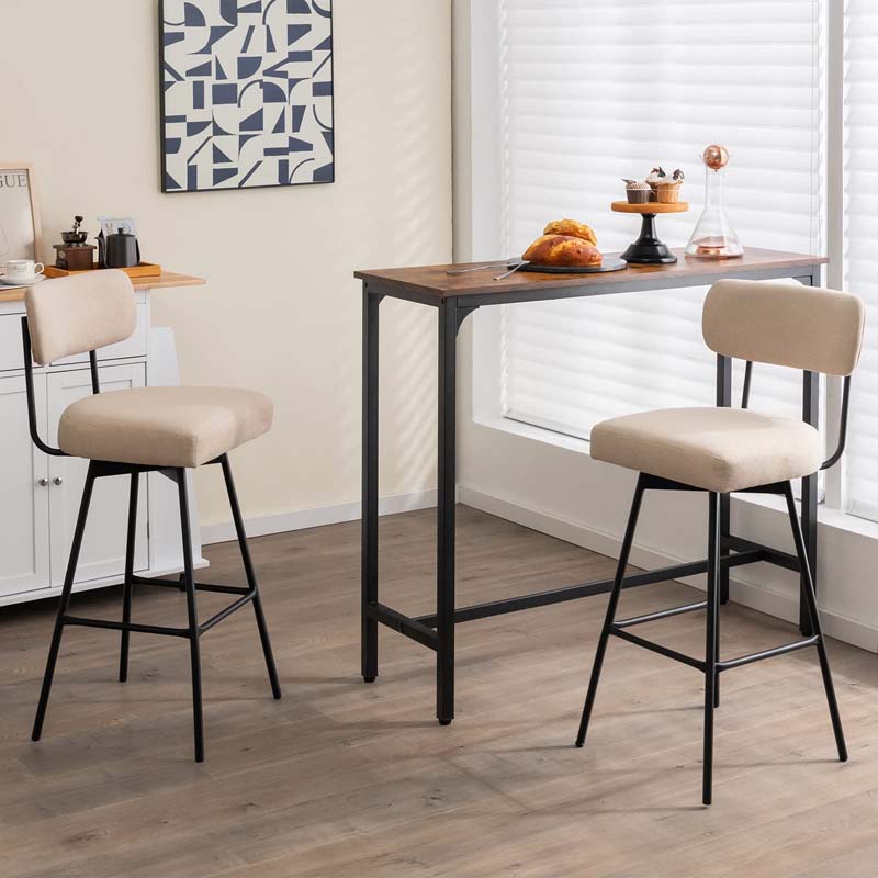 29" Upholstered Bar Stools with Back, 360° Swivel Bar Height Chairs with Heavy-Duty Metal Legs and Footrests, Fabric Seat