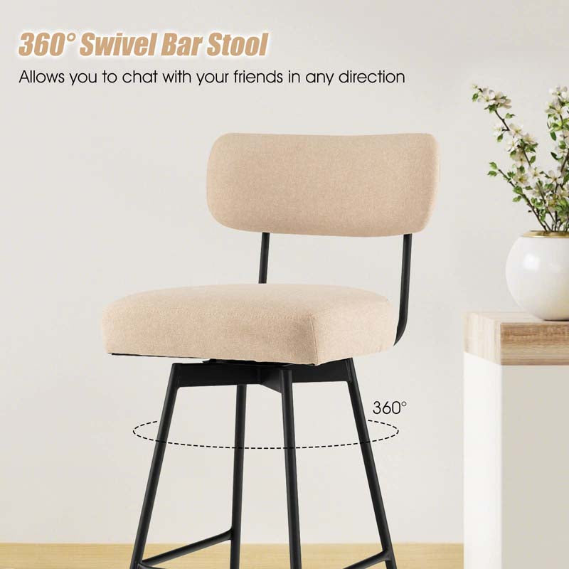 29" Upholstered Bar Stools with Back, 360° Swivel Bar Height Chairs with Heavy-Duty Metal Legs and Footrests, Fabric Seat